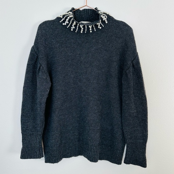 Sandro Faux Pearl Embellished Mock neck cozy lane wool sweater gray - Picture 5 of 8